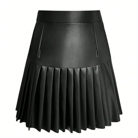 Black Casual Women's Minimalist faux leather Pleated Skirt - Picture 3 of 4